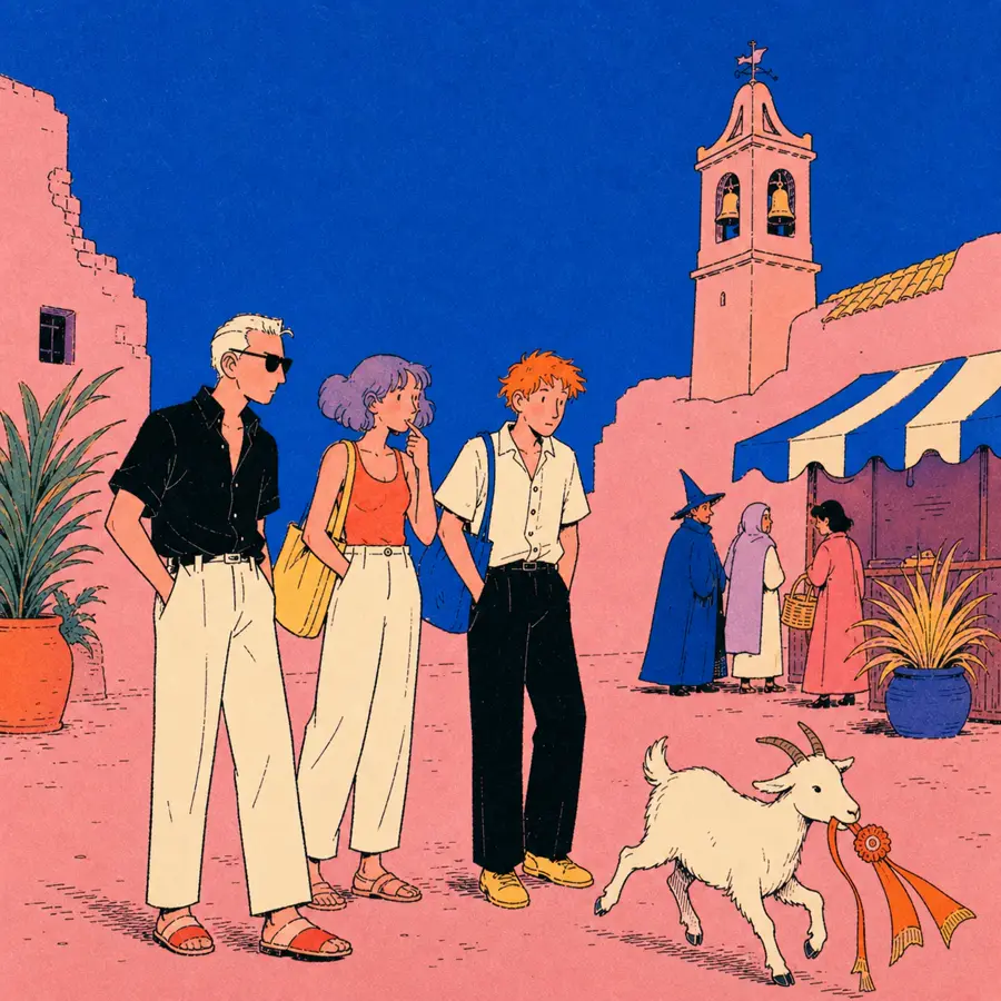 Three travelers watch a goat carry a ribbon through a colorful fantasy market below a bell tower