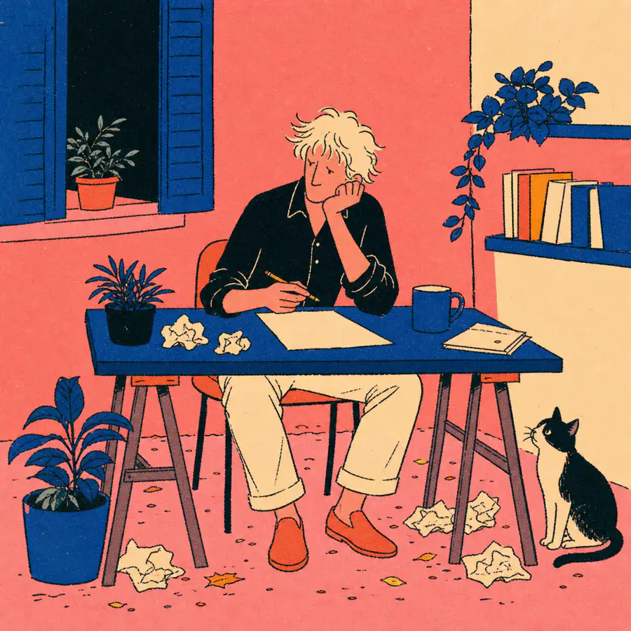 A tired writer pauses over a stubborn blank page while a cat watches from beside the desk.