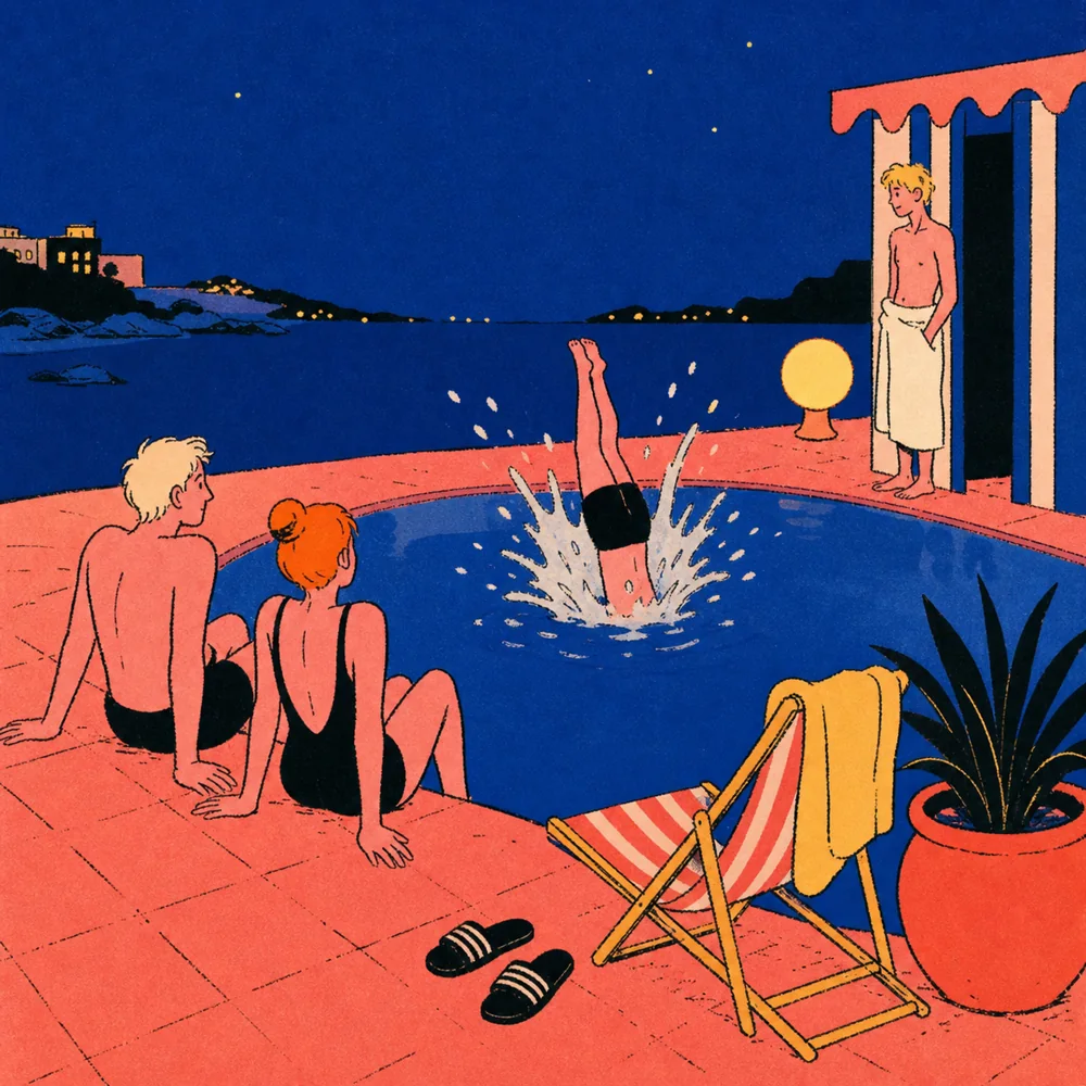 Writers gathered beside a cobalt pool after dark
